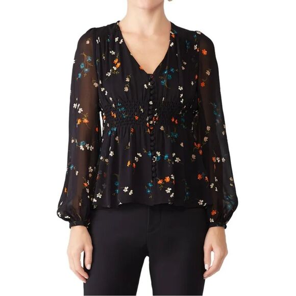 Nicholas Vintage Daisy Smocked Blouse 100% Silk Black Button Front Sheer Sleeve - Picture 1 of 4